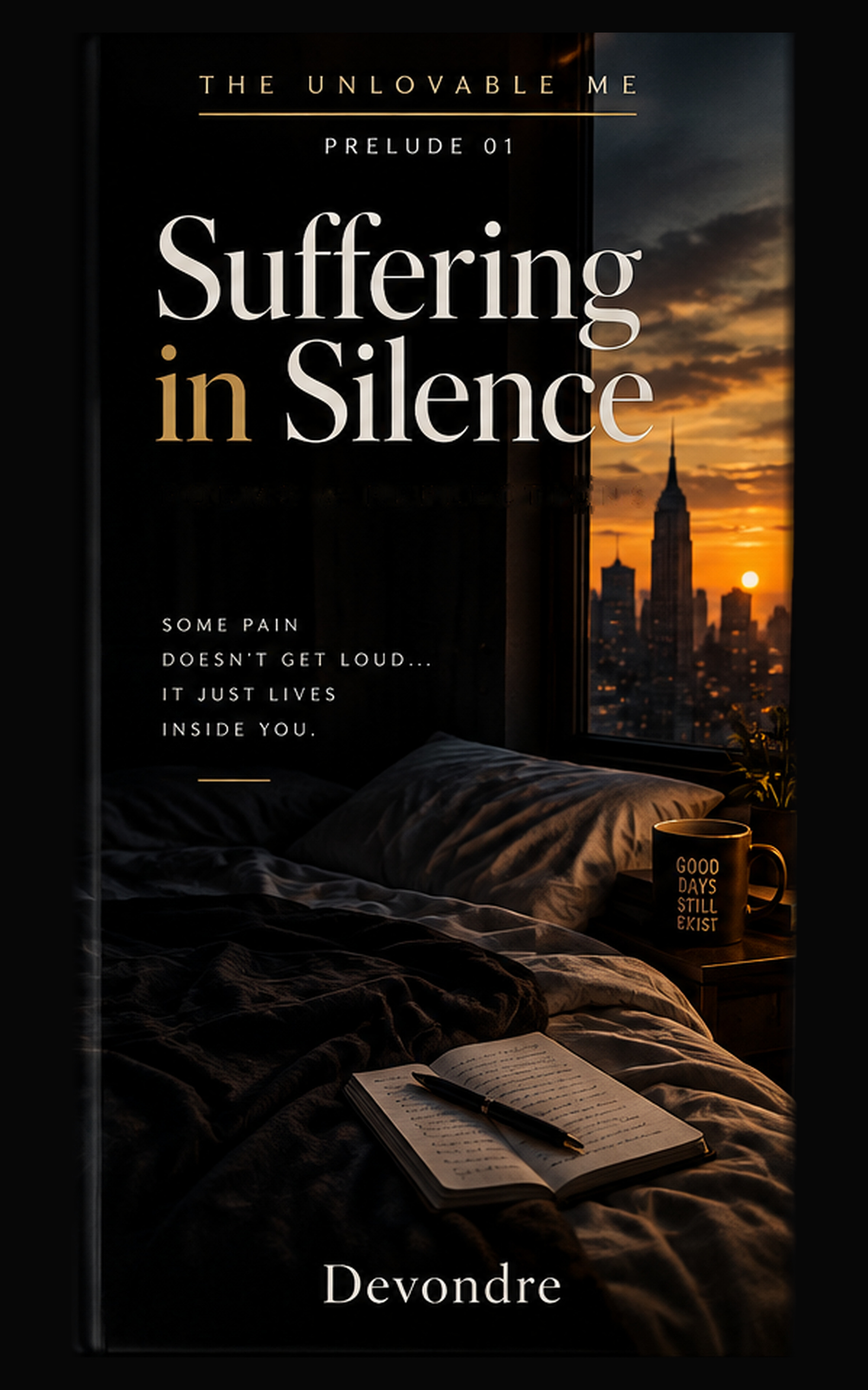 Suffering in Silence, Prelude 01, by Devondre. A quiet room looking out onto a sunset.