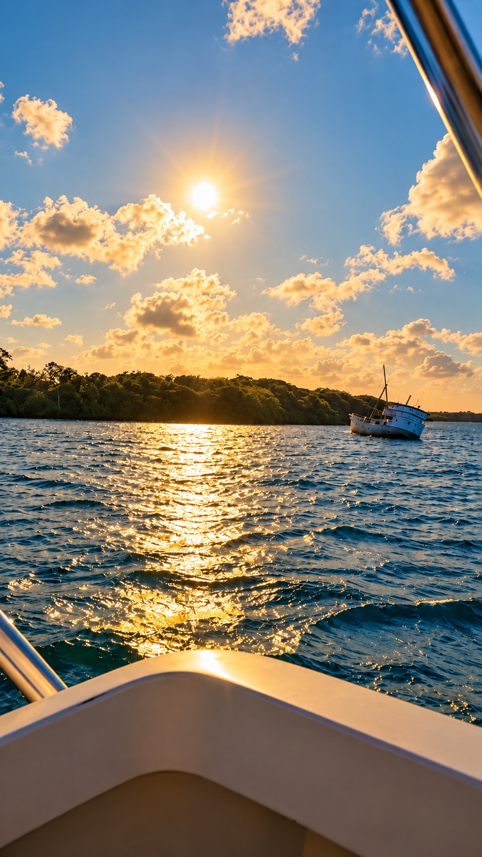 Sunlight reflects across the water beside a sailboat